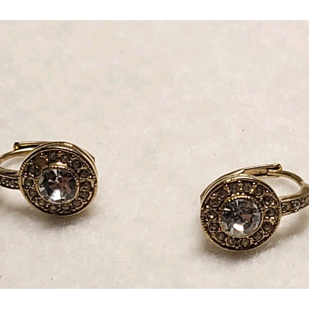 Gold Tone Crystal Halo Leverback Earrings Victorian Revival Dragonfly Back